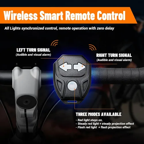 Vista 4 de Señales de giro para bicicleta con proyector, 5 modos de luz trasera de bicicleta recargable por USB, control remoto, impermeable, dividida, ebike