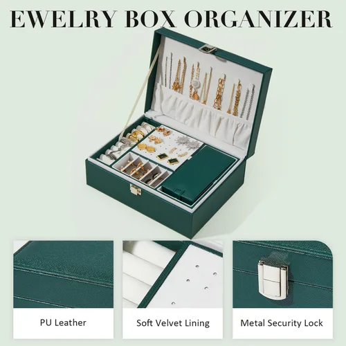 Vista 5 de BUTI4WLD Joyero, organizador de joyería de 2 capas con estuche de joyería de viaje, organizador de cuero sintético para aretes, anillos, collares