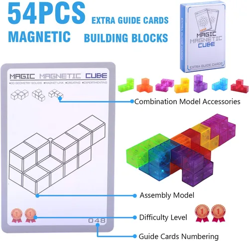 Vista 3 de WorWoder Bloques de construcción magnéticos para niños, cubos magnéticos 3D rompecabezas mágicos, juego de 7 bloques magnéticos de múltiples formas