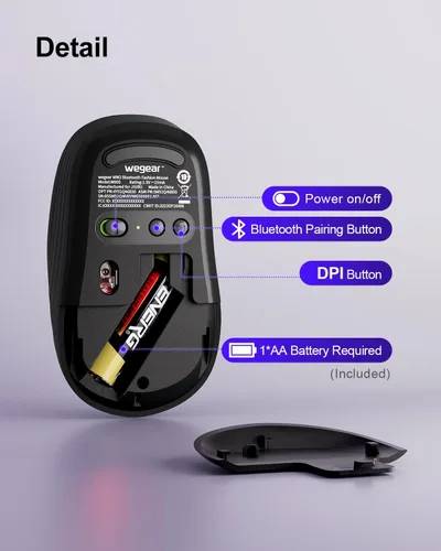 Vista 7 de wegear Ratón inalámbrico Bluetooth, seguimiento óptico de 1600 DPI, 3 DPI ajustables, diseño compacto y portátil para manos pequeñas, PC, Mac