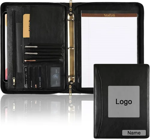 Vista 8 de Organizador de cartera de cuero genuino, carpeta de 3 anillos con bloc de notas, carpeta de cuero personalizada para hombres y mujeres