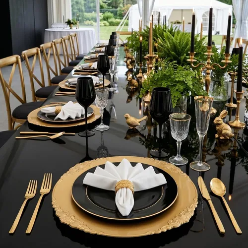 Vista 6 de Okllen Paquete de 12 Platos Base Dorados, Platos Base Redondos para Cena de 13" con Borde en Relieve para Catering, Boda, Decoración de Mesa