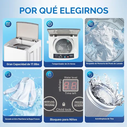 Vista 5 de ROVSUN Lavadora portátil de 17.8 libras, máquina de lavandería eléctrica completamente automática con tambor de acero inoxidable, lavadora compacta