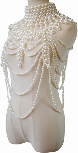 Vista 5 de YWCUTE Collar sexy trenzado con flecos de perlas y cadena de cuerpo de perlas de moda francesa multicapa, Beige