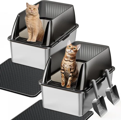Vista 8 de Tripamin Caja de arena para gatos de acero inoxidable XL de 15 pulgadas, lados altos XXL de acero inoxidable con tapa, caja de arena de metal