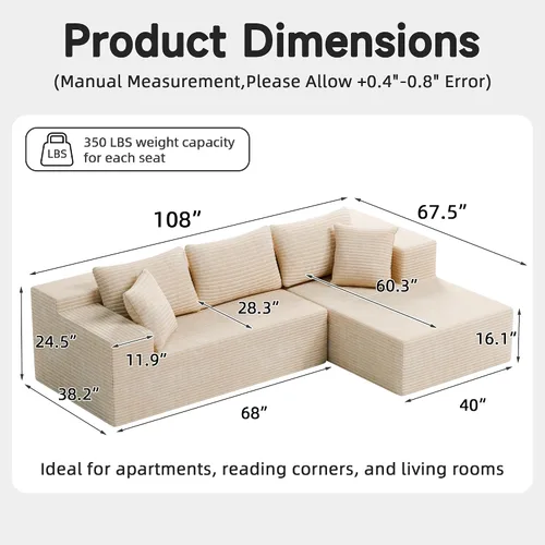 Vista 2 de Bashaw Sofá modular de 108 pulgadas con diván, sofá sin hueso en forma de L, asiento profundo, tapizado, sin hueso, para sala de estar