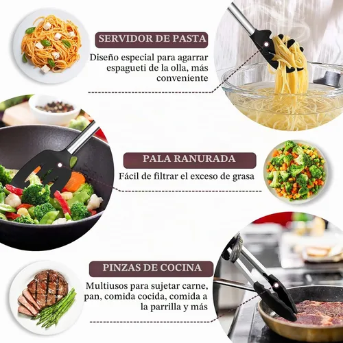 Vista 4 de TeamFar Juego de 8 utensilios de cocina, utensilios de cocina de silicona, con mango de acero inoxidable, para freír, servir, voltear y escurrir,