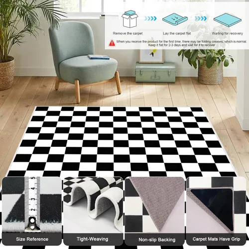 Vista 3 de Alfombra a cuadros de 2 x 3 pies, alfombra negra y blanca moderna para entrada interior, alfombra pequeña lavable a cuadros para baño, alfombra