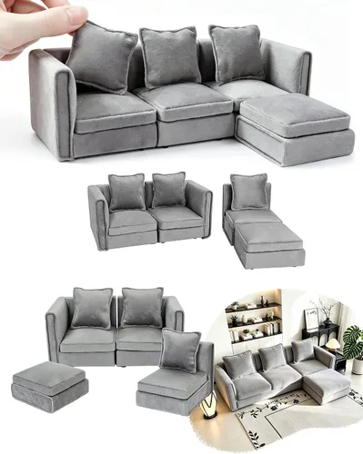 Vista 10 de iLAND Muebles de Casa de Muñecas Sofá Seccional en Miniatura para Decoración de Casa de Muñecas Compatible con Accesorios a Escala 1/12, Sofá