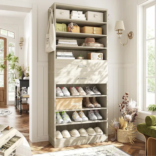 Vista 10 de Aheaplus Armario alto para zapatos, zapatero estrecho de madera de 10 niveles, organizador de almacenamiento de zapatos con almacenamiento abierto