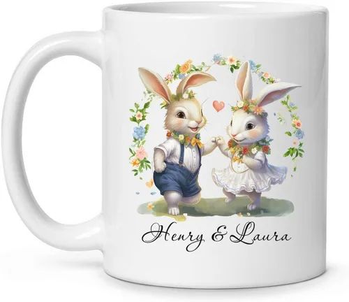 Vista 14 de Taza de viaje de cerámica personalizada de conejo, taza con nombre personalizado para los amantes de los conejos, taza de té con nombre temático