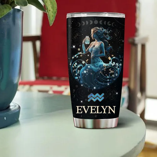 Vista 4 de Regalos personalizados de acuario para mujeres, constelación del zodiaco, astrología, aislado, 20 onzas, taza de café de acero inoxidable con tapa