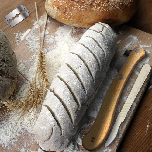 Vista 7 de Mudder Herramienta de puntuación de masa madre con 10 cuchillas reemplazables, mango de madera y 2 cuchillos con cubierta protectora para hornear