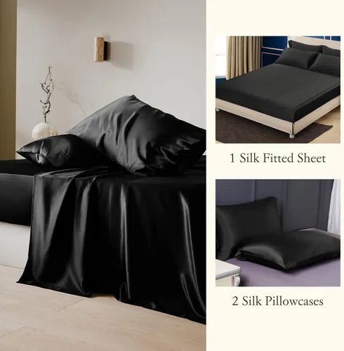 Vista 3 de LilySilk Juego de sábanas bajeras de 3 piezas, 100% seda de morera grado 6A, 2 fundas de almohada y 1 sábana bajera, bolsillo profundo de 16 Negro