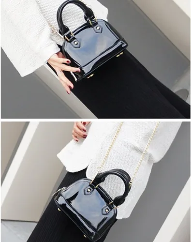 Vista 2 de Cremallera alrededor de la bóveda de cuero de patente Satchel Mini Top Handle Tote Bag Shell Shape Monedero Bolsos