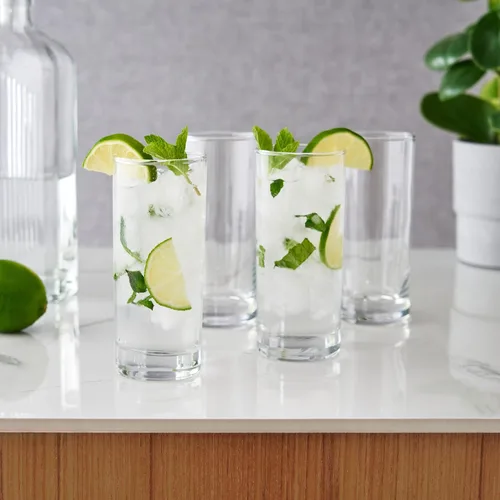 Vista 4 de Vasos altos True, juego de 4 vasos altos de vidrio para cócteles, mojito, té helado, jugos, agua con gas, vasos de cocina, vasos para bar en casa