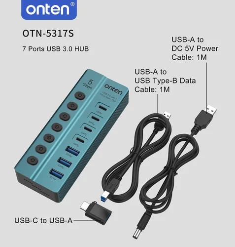 Vista 8 de Onten Hub USB-C 3.0 de 7 puertos, transferencia de datos de alta velocidad de 5 Gbps, interruptores independientes, amplia compatibilidad