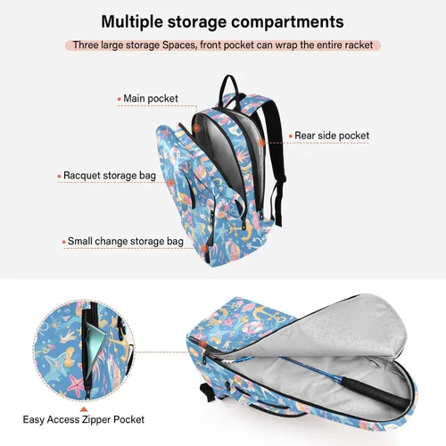 Vista 5 de Tennis Badminton Bag Backpack Water Resistant Sea Ocean Blue Waves Ocean 3 Rackets Badminton Pickleball Bag for Men Women Tennis Sport Tenis