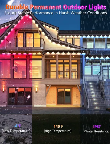 Vista 6 de BSGlobal 100 pies de luces exteriores permanentes, 60 luces LED RGB e IC inteligentes para aleros con control por aplicación/remoto, 209 modos