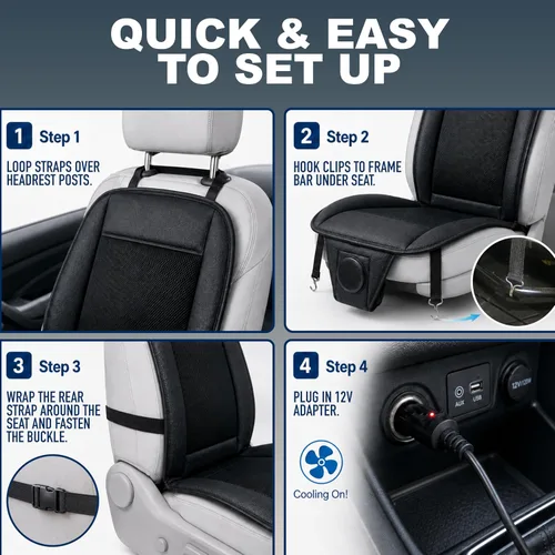 Vista 7 de ZONETECH Cojín de enfriamiento para asiento de auto 12V negro, temperatura ajustable, cómodo cubreasiento de auto