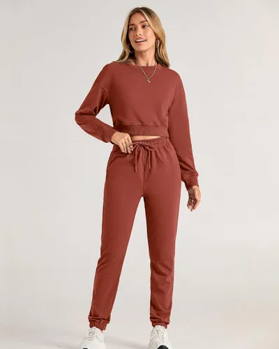 Vista 22 de BTFBM Conjunto deportivo de 2 piezas para mujer, camiseta corta de manga larga, sin botones, pantalón con cordón ajustable, pantalones deportivos