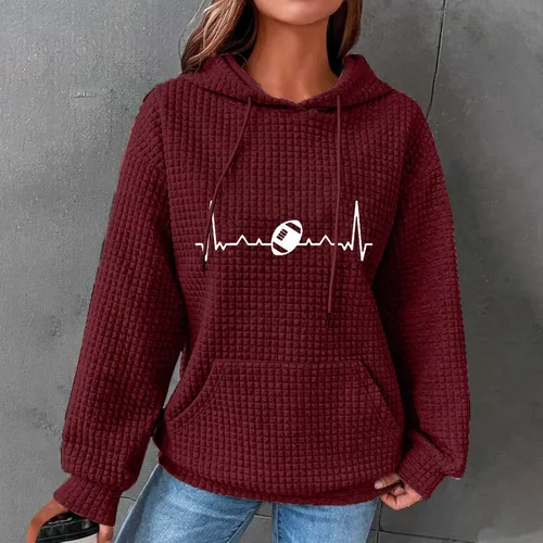 Vista 2 de Womens Electrocardiogram Sweatshirt Football Graphic Print Long Sleeve Waffle Hoodies Slim Fit Tunic Fall Fashion Shirts 2023