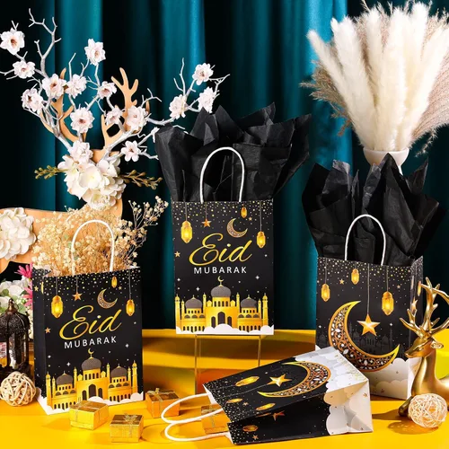 Vista 3 de Censen 16 juegos de bolsas de regalo de Eid Mubarak con papel de seda, bolsas de golosinas de Ramadán para suministros de fiesta de Ramadán (negro)