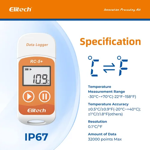 Vista 3 de Elitech RC-5+ Registrador de datos de temperatura USB PDF digital, grabador reutilizable, termómetro para refrigerador, 32000 puntos de alta