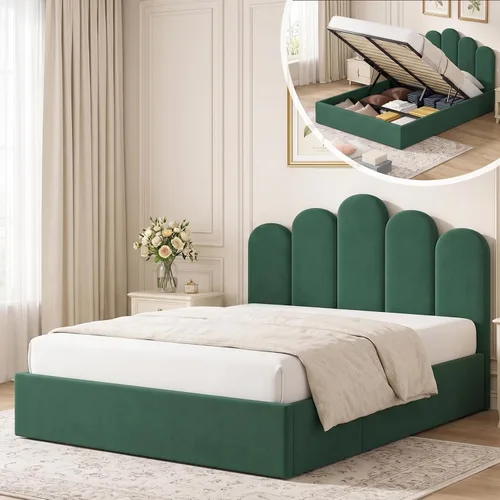 Vista 10 de Cama de almacenamiento de elevación completa, marco de cama de terciopelo con cabecero, color crema
