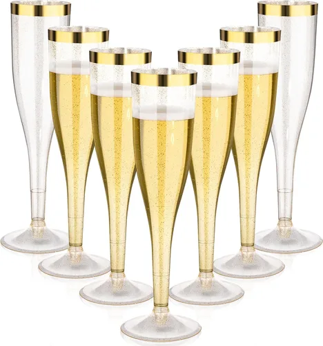 Vista 10 de Goodluck Paquete de 36 copas de champán transparentes de plástico de 6.5 onzas con borde dorado, vasos desechables de champán para brindis de boda