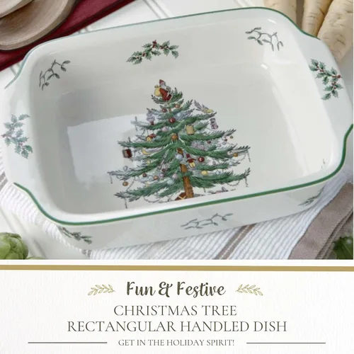 Vista 3 de Spode Plato rectangular con mango de árbol de Navidad (9 x 12 pulgadas) para hornear y platos de temporada, apto para loza, microondas