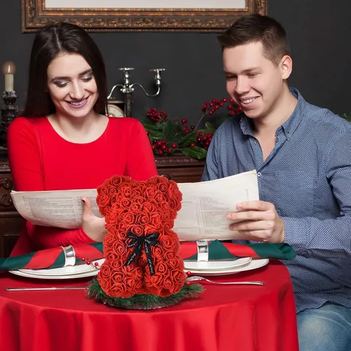 Vista 5 de oso de peluche hecho de rosas, diseño de rosas en cada oso, perfecto para aniversario, incluye caja de regalo transparente 10 pulgadas.