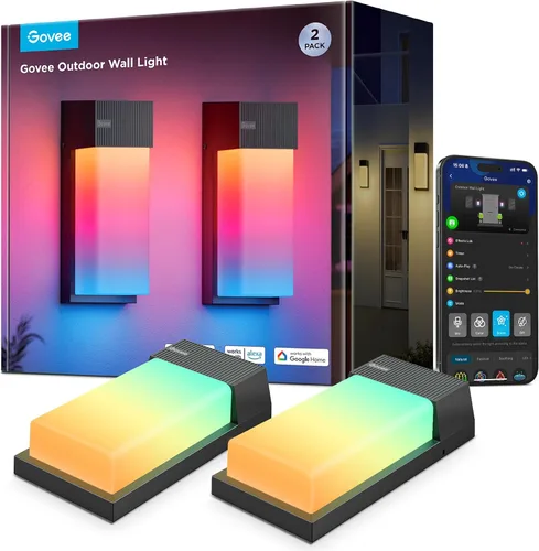 Vista 9 de Luz de pared exterior Govee, luces de porche RGBIC inteligentes de 1500LM al aire libre con 45 modos de escena, impermeables IP65 para decoración