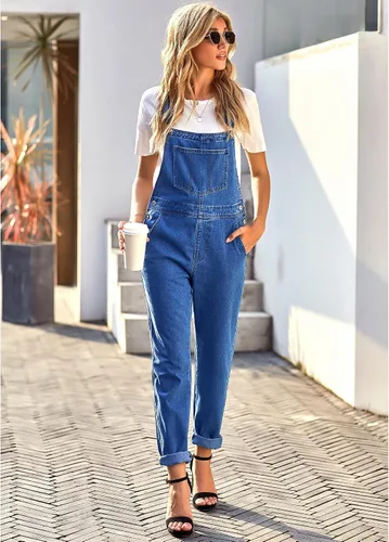 Vista 3 de LookbookStore - Overol de mezclilla elástico e informal para mujer, pantalones y pechera con bolsillos