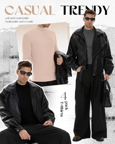 Vista 6 de Paquete de 4 Camisas de Cuello Alto Simulado para Hombre, Suéter Pullover Térmico de Manga Larga, Camiseta Interior Casual de Ajuste Holgado