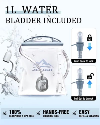 Vista 8 de Zelvot Chaleco para correr con vejiga de agua de 1 litro, patente original de Estados Unidos, chaleco de hidratación reflectante ajustable, mochila