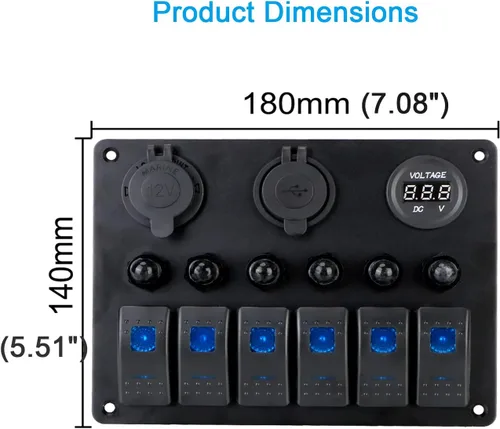 Vista 5 de Panel de interruptores marinos de 6 posiciones, panel de interruptor basculante de encendido y apagado de 12 V, voltímetro, cargador USB doble