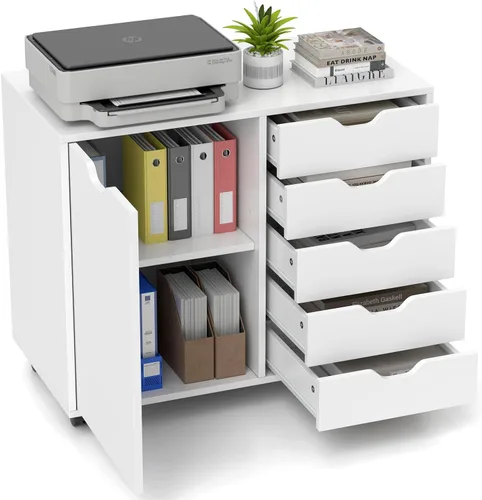 Vista 16 de Archivador negro con 4 cajones y 2 puertas Organizador de almacenamiento móvil para debajo del escritorio, soporte de impresora de madera sobre