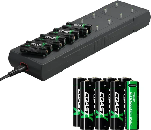 Vista 2 de Coast Zithion-X - Batería recargable AA (8 baterías) y estación de carga ZXCS16 de 16 puertos - Paquete combinado
