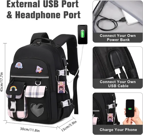 Vista 3 de Mochila para niñas - Mochila para libros, mochila escolar para niñas, niños, adolescentes, mujeres, casual, 1 unidad de color negro., Mochilas