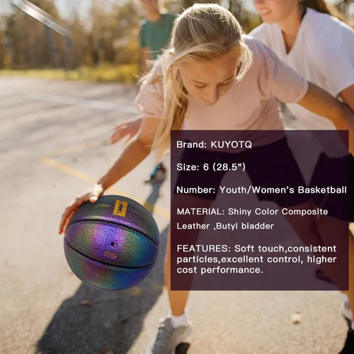 Vista 3 de KUYOTQ Baloncesto para mujer juvenil, cuero morado brillante, talla 6 (28.5 pulgadas), baloncesto con textura deslumbrante de color brillante
