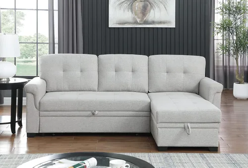 Vista 5 de Moderno sofá modular convertible con diván de almacenamiento reversible, sofá cama extraíble de lino tapizado de 84 pulgadas, sofá esquinero