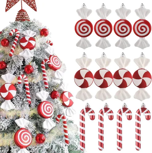Vista 9 de 6 piezas de adornos para árbol de Navidad, varillas de lana rojas y blancas con lentejuelas y esferas colgantes para árbol de Navidad, adornos