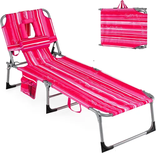 Vista 14 de Goplus Silla bronceadora, silla plegable ajustable para patio con orificio para la cara, almohada extraíble, 330 libras, correa de transporte, silla
