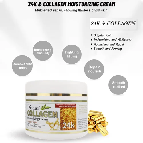 Vista 4 de DISAAR Beauty Crema Hidratante de Colágeno Anti-Envejecimiento Anti-Arrugas Hidrata Reparación de la Piel 3.4 fl oz/3.03fl.oz (Oro 24K)