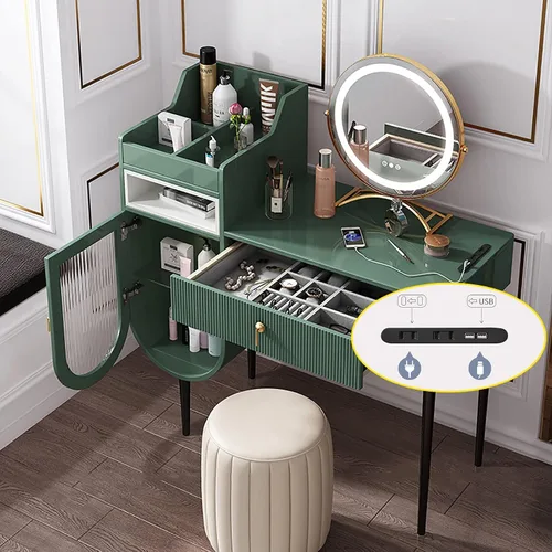 Vista 5 de Tocador con espejo de luces LED, brillo ajustable de luz de 3 colores, mesa de maquillaje con armario y cajón de almacenamiento, taburete acolchado