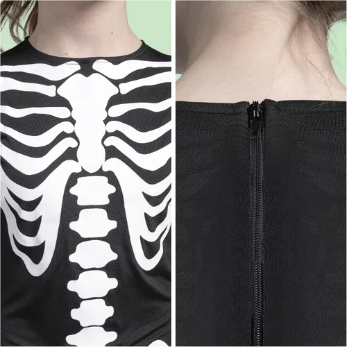 Vista 4 de Spooktacular Creations Disfraz de esqueleto de Halloween para niños, overol unisex de esqueleto que brilla en la oscuridad con guantes para niños