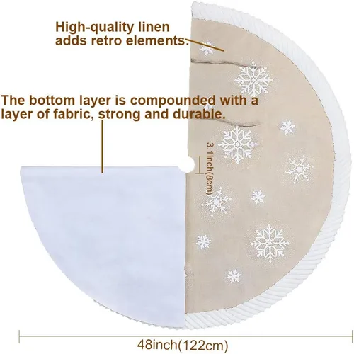 Vista 4 de AerWo Falda de árbol de Navidad de 48 pulgadas con copo de nieve blanco, falda de árbol de arpillera con lados de piel, faldas de árbol de Navidad