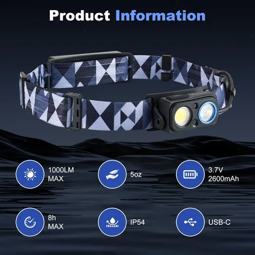 Vista 6 de Linterna frontal LED recargable, 1000 lm con sensor de movimiento, foco e reflector, inclinación de 90°, batería reflectante, IPX4 impermeable