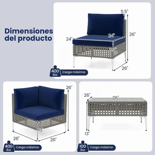 Vista 4 de Tangkula Juego de muebles de exterior de 5 piezas, juego de sofá modular acolchado de mimbre resistente con mesa de café de vidrio templado